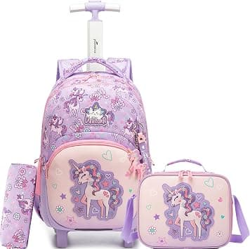 Rolling Backpack for Kids Backpack with Wheels for Girls Boys Wheeled Schoolbag Set with Lunch Bag & Pencil Case, A-purple Unicorn on Amazon.ae - Price Tracker