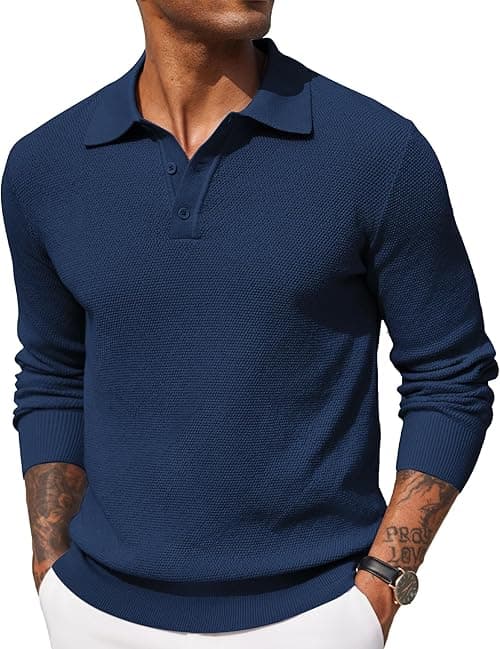 COOFANDY Mens Knit Polo Shirts Long Sleeve Casual Polo Sweaters Shirt Waffle Textured Collared Sweater on Amazon.ae - Price Tracker