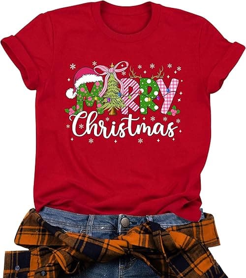 Christmas Shirts for Women Funny Merry Xmas Holiday Short Sleeve Tee Tops on Amazon.ae - Price Tracker