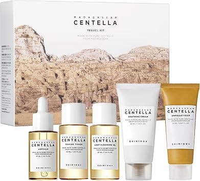 SKIN1004 Madagascar Centella Travel Kit, Toner, Ampoule, Soothing Cream, Cleansing Oil, Ampoule Foam, Basic Skincare Box, Compact Size, Gift Sets, Mothers Day Gifts for Mom Gifts for Women, Trial Kit - Best Deal Finder