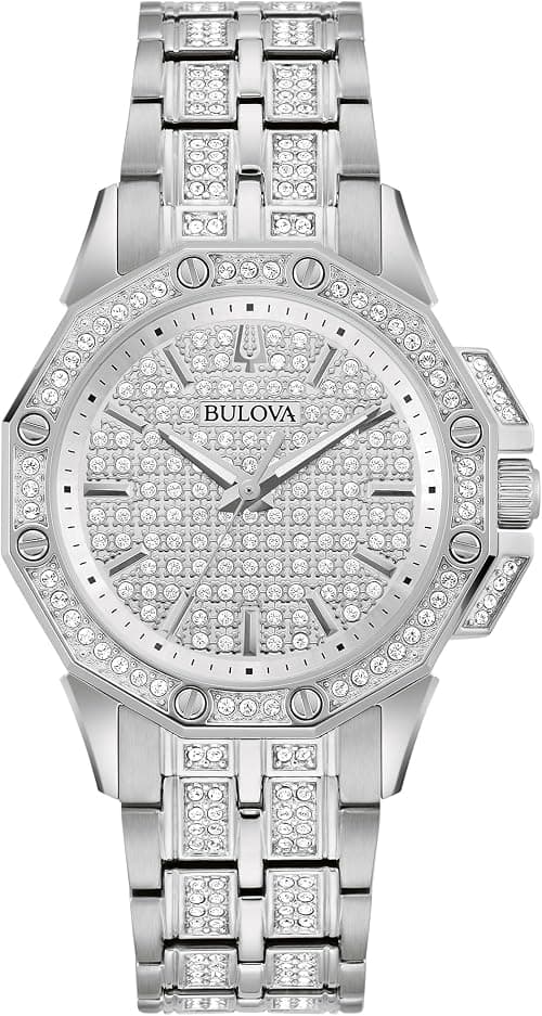 Bulova Ladies' Crystal Octava Stainless Steel 3-Hand Quartz Watch, Crystal Bezel and Dial Style: 96L305, Silver, Octava Quartz Silver-Tone Stainless Steel Bracelet Crystal على Amazon.ae - متتبع الأسعار