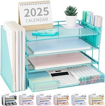 OPNICE Desk Organizer, 4-Tier Desktop File Organizer with Drawer and Pen Holders, Office Desk Accessories, File Sorters, Workspace Organizers for Office Supplies(Teal Blue) على Amazon.ae - متتبع الأسعار