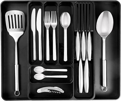 nuovva Cutlery Drawer Organiser – Adjustable Utensil Tray for Drawers – Expandable Cutlery Set Holder – Compact Drawer Divider for Knives, Forks and Spoons – Black Cutlery Divider on Amazon.ae - Price Tracker