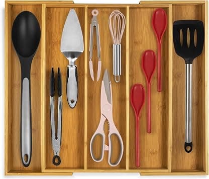 Purawood - Large Premium Bamboo Silverware Organizer - Expandable Kitchen Drawer & Utensil Organizer, 17.5" x 19.75" Cutlery Tray with Drawer Dividers for Kitchen Flatware (3-5 Slots) (Natural) on Amazon.ae - Price Tracker