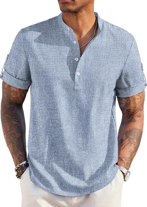 COOFANDY Men's Casual Henley Shirt Short Sleeve Band Collar Linen Shirt Summer Beach Hippie T-Shirts on Amazon.ae - Price Tracker
