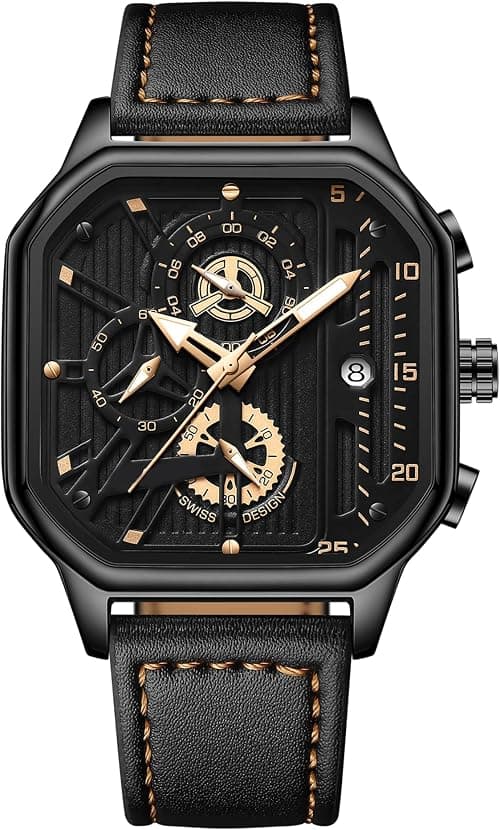 ELECDON Men's Watch, Waterproof Luxury Chronograph Fashion Business Wristwatch Quartz Analog Black Leather Strap Wrist Watch for Men, Automatic Chronograph Wrist Watch with Calendar on Amazon.ae - Price Tracker