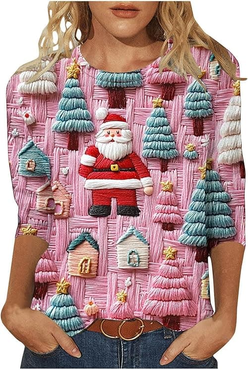 Christmas Blouse For Women Uk Rude Xmas Jumper Plus Size 3/4 Sleeve Top Round Neck Tshirt Cute Santa Snowman Print Jumper Funny Christmas Jumpers Tunic Top Casual Party Xmas Tshirt on Amazon.ae - Price Tracker
