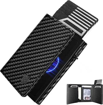 RFID Blocking Pop Up Wallet for Men, 100% Genuine Leather Slim Bifold, Aluminum Card Holder with ID Window, YKK Zipper Pocket, Minimalist Front Pocket Travel Wallet, Ideal Gift for Men, Carbon على Amazon.ae - متتبع الأسعار