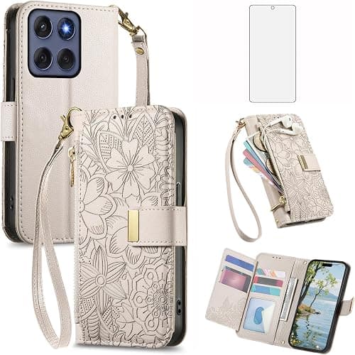 Asuwish Phone Case for Motorola Moto G67 5G Wallet Cover with Tempered Glass Screen Protector and Card Holder Slot Zipper Wrist Strap Stand Protective Cell MotoG67 G 67 G77 77 G5 Women Men Off White على Amazon.ae - متتبع الأسعار