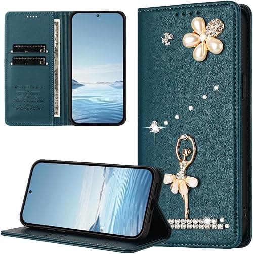 Wallet Case for Motorola Moto G67 5G / G77 5G,Glitter Pearl Flower Ballerina Flip Case Card Slots Stand RFID Blocking PU Leather Magnetic Protective Folio Phone Cover-DarkGreen على Amazon.ae - متتبع الأسعار