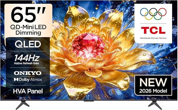 TCL 65T8D Television 65 Inch Smart TV 4K QD-Mini LED Dimming Colorful Quantum Crystal HDR 10+ Gaming Google TV, 144Hz Native Refresh Rate, ONKYO 2.1 Hi-Fi, Dolby Vision Atmos, Game Master (2026 Model) على Amazon.ae - متتبع الأسعار