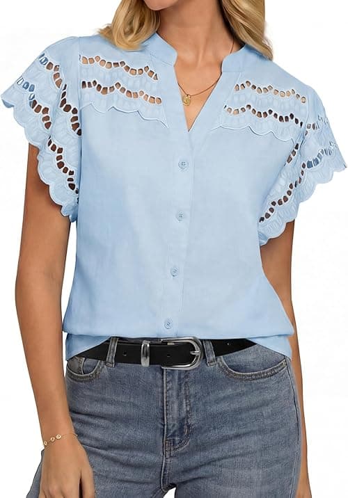 GRACE KARIN Womens Summer Eyelet Tops Dressy Casual,Ruffle Short Sleeve Button Down Shirts,V Neck Embroidered Cotton Blouses on Amazon.ae - Price Tracker