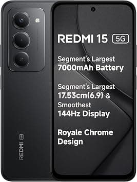 Redmi 15 5G Midnight Black 8GB + 256GB | Segment's Largest 7000mAhA Battery | Largest Display 17.53cm(6.9) 144Hz | Snapdragon 6s Gen 3 | 18W Reverse Charging | 50MP AI Dual Camera | Indian Version on Amazon.ae - Price Tracker