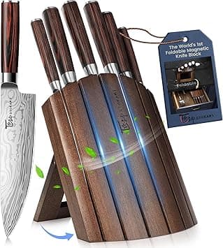 Knife Block Set, 7 Piece Japanese Style Kitchen Knives With Collapsible Block-Drawer Or Countertop Organizer, Ultra Sharp High Carbon Steel Cutting Knife With Wooden Handle, House Warming Gift on Amazon.ae - Price Tracker