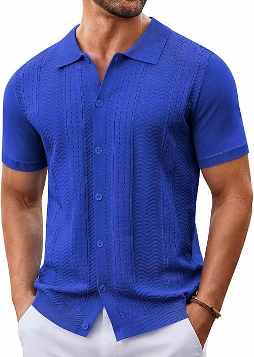 COOFANDY Mens Knit Button Down Shirt Short Sleeve Summer Casual Shirts Vintage Beach Vacation Shirts on Amazon.ae - Price Tracker