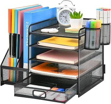 HIKKY 5-Tier Letter Tray Paper Organizer, Desk File Paper Letter Tray Organizer with with File Holder, Desktop organizer and Storage with Drawer and 2 Pen Holder for Home Office School على Amazon.ae - متتبع الأسعار
