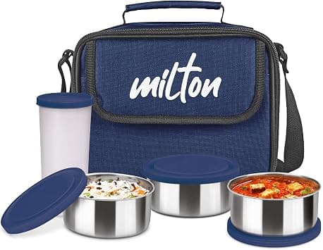 MILTON 5-Piece Lunch Box Set with Insulated Bag - Includes 3 Stainless Steel Containers(280ml Each), 400ml Tumbler, Keeps Food Hot, Ideal for School Kids & Office Tiffin - Steel Combi combo- Blue on Amazon.ae - Price Tracker