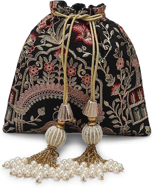 Luxury Embroidered Potli Bag, Silk with Gold Floral Pattern, Pearl Tassel Drawstring Closure, Traditional Wedding Pouch on Amazon.ae - Price Tracker