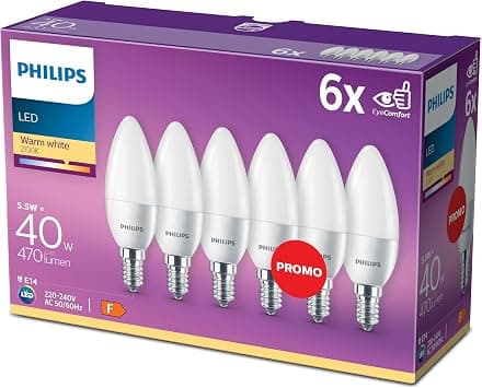 PHILIPS LED E14 Candle Light Bulbs, 5.5 W (40 W) - Warm White, Pack of 6 - متتبع أسعار Amazon.sa