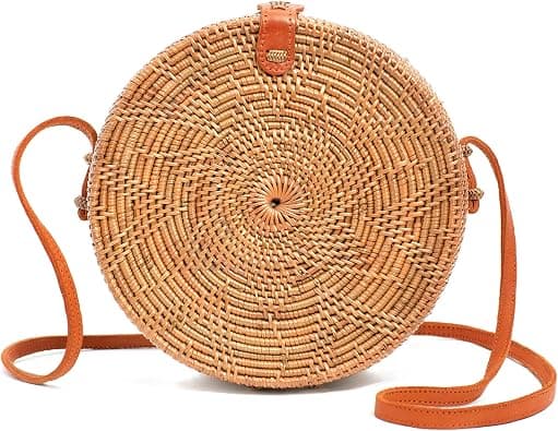 Novum Crafts Round Rattan Bag for Women - Handmade Straw Bags - Wicker Purse - Brown White Circle Crossbody Boho Bags - Best Deal Finder