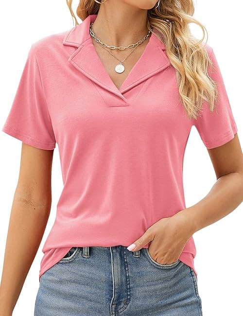 Rapbin Women's Polo Shirts Lapel Collar V Neck Short Sleeve Blouse Dressy Casual Tunic Tops on Amazon.ae - Price Tracker
