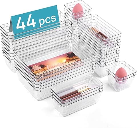 Vtopmart 44 PCS Clear Plastic Drawer Organizers Set, 4-Size Versatile Bathroom and Vanity Organizer Trays, Non-Slip Storage Boxes for Makeup, Jewelries, Kitchen Utensils and Office on Amazon.ae - Price Tracker