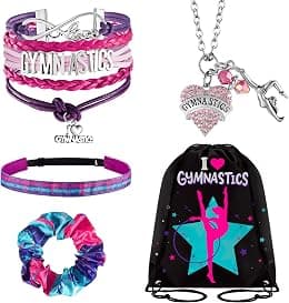 Dunzy 5 Pcs Gymnastics Gifts for Girls Kids Gymnastics Stuff Drawstring Bag Headband Girls Bracelet Necklace Scrunchies Gymnast Party Favors for Youth Boys Kids - Best Deal Finder