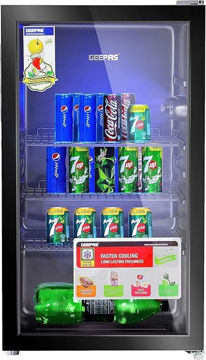 Geepas 120 L Showcase Chiller- GSC1223B| Quick Cooling with Low-E Glass Door| Low Noise and Low Voltage Consumption Perfect for Storing Drinks, Fruits, Milk, Pastry, Cake| 1 Year Warranty, Black on Amazon.ae - Price Tracker