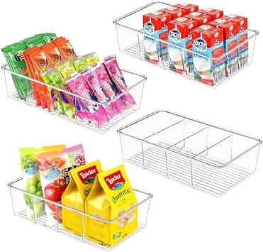 Clear Pantry Organizer Storage Bins Plastic Removable Snack Organizer Pantry Organization Storage Racks with Removable Dividers, Perfect for Packets, Snacks, Spices, Kitchen (4 Pack) - متتبع أسعار Amazon.sa