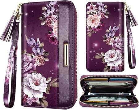 Women Wallets Multi Card Case Wallet Clutch Wallet Card Holder Organizer Ladies Purse Floral Tassel Wrist strap Purse,Purple Flower on Amazon.ae - Price Tracker