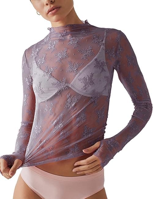 Ugerlov Women Blouse Long Sleeve Mesh Stand Collar See Through Floral Lace Top Opulent Garden on Amazon.ae - Price Tracker
