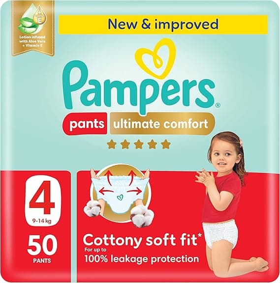 Pampers Ultimate Comfort Pants Diapers, Size 4, 9-14kg, Lotion infused with Aloe Vera and Vitamin E, Cottony Soft Fit for up to 100% Leakage Protection, Super Saving Pack, 50 Count on Amazon.ae - Price Tracker