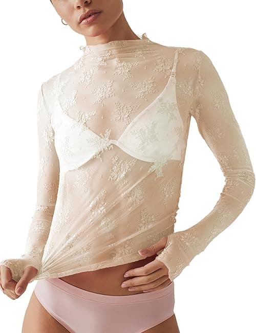 Ugerlov Women Blouse Long Sleeve Mesh Stand Collar See Through Floral Lace Top Opulent Garden on Amazon.ae - Price Tracker