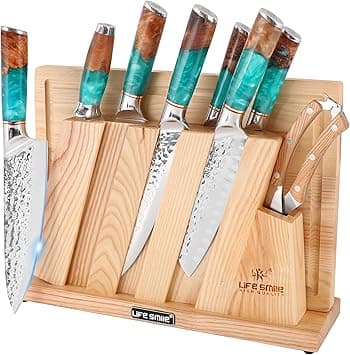 LIFE SMILE Kitchen Knife Set With Wooden Stand - 10 Pieces High Carbon Stainless Steel Block Set with Sharpener - Ergonomic Anti Slip fixed Blue Resin Handle, Ultra Sharp Non Stick Blade, Kitchen Set on Amazon.ae - Price Tracker