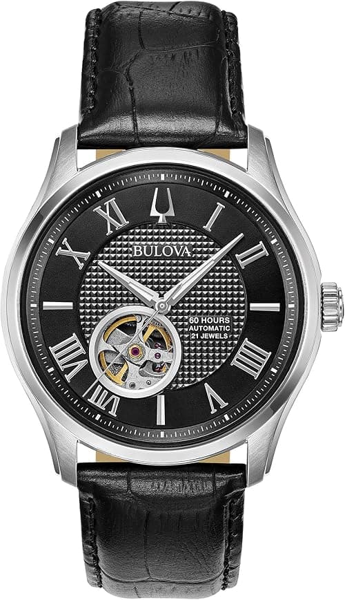 Bulova Men's Classic Wilton 26-Jewel Automatic Leather Strap Watch, 40 Hour Power Reserve, Domed Sapphire Crystal, Exhibition Case Back, Luminous Hands, 43mm على Amazon.ae - متتبع الأسعار