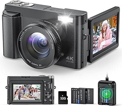 كاميرا رقمية 4K للتصوير الفوتوغرافي والفيديو، كاميرا تسجيل فيديو بميزة التركيز التلقائي ومضادة للاهتزاز بدقة 48 ميجابكسل لليوتيوب، كاميرا بشاشة قابلة للطي بزاوية 180 درجة مقاس 3 بوصات مع فلاش وزوم - دليلك لأفضل العروض