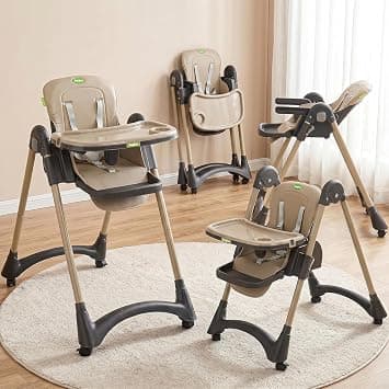 BAYBEE High Chair for Baby 6 to 18 Months | Adjustable Baby Feeding Chair with Reclining Backrest, Foldable Design, Double Tray, Footrest, Safety Harness & Wheels (Beige) on Amazon.ae - Price Tracker