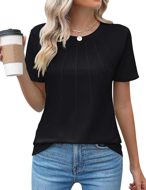 Kistore Womens Casual Crew Neck Short Sleeve Pleated Tops Blouses Fashion Clothes 2025 on Amazon.ae - Price Tracker