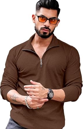 KAJARU Men's Polyester Blend T Shirt with Spread Collar Neck Line Zipper Closure Full Sleeves Solid Pattern Regular Fit and Standard Length on Amazon - Best Deal Finder