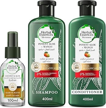 Herbal Essences Sulfate Free Potent Aloe Vera + Mango Shampoo & Conditioner with Coconut & Aloe Vera Hair Oil Blend Color Protection & Hair Hydration Bundle Pack for Dry Hair and Frizzy Hair on Amazon.ae - Price Tracker