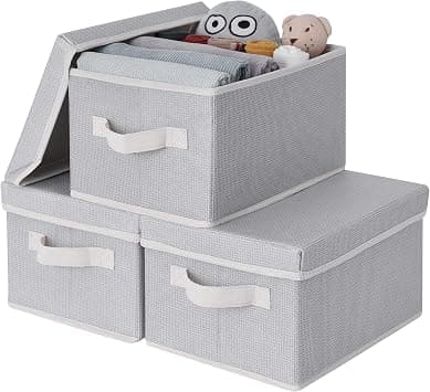 GRANNY SAYS Closet Storage Bins, Fabric Boxes with Lids, Shelf Baskets for Organization, Stackable Storage Containers Storage Baskets for Organizing, Gray/Beige, Medium, 3-Pack - متتبع أسعار Amazon.sa