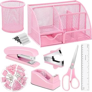 auroray Pink Desk Organizers and Accessories, Pink Office Supplies Include Mesh Desk Organizer, Tape Dispenser, Stapler, 1000 Staples, Staple Remover, Pen Holder, Clips Set, Ruler, Scissors on Amazon.ae - Price Tracker