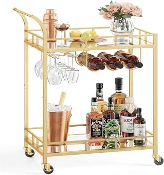 VASAGLE Bar Cart Gold, Home Bar Serving Cart, Wine Cart with 2 Mirrored Shelves, Wine Holders, Glass Holders, for Kitchen, Dining Room, Gold ULRC092A62 - Best Deal Finder