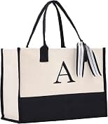 Personalized Gift Monogram Initial 100% Cotton Chic Tote Bag with Customize Option - Black - Best Deal Finder
