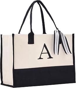 Personalized Gift Monogram Initial 100% Cotton Chic Tote Bag with Customize Option - Black - Best Deal Finder