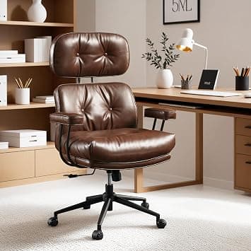 ovios Ergonomic Home Office Chair, Mid-Century Modern Faux Leather Chair with Lumbar Support, High Back Swivel Rolling Executive Chair with Comfy Thick Cushion (Dark Brown, Faux PU Leather) on Amazon.ae - Price Tracker