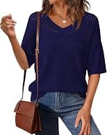 PRETTYGARDEN Women's Short Sleeve Sweater Tops 2026 Spring Summer Casual V Neck Ribbed Knit Trendy Eyelet Blouse T Shirts - Best Deal Finder