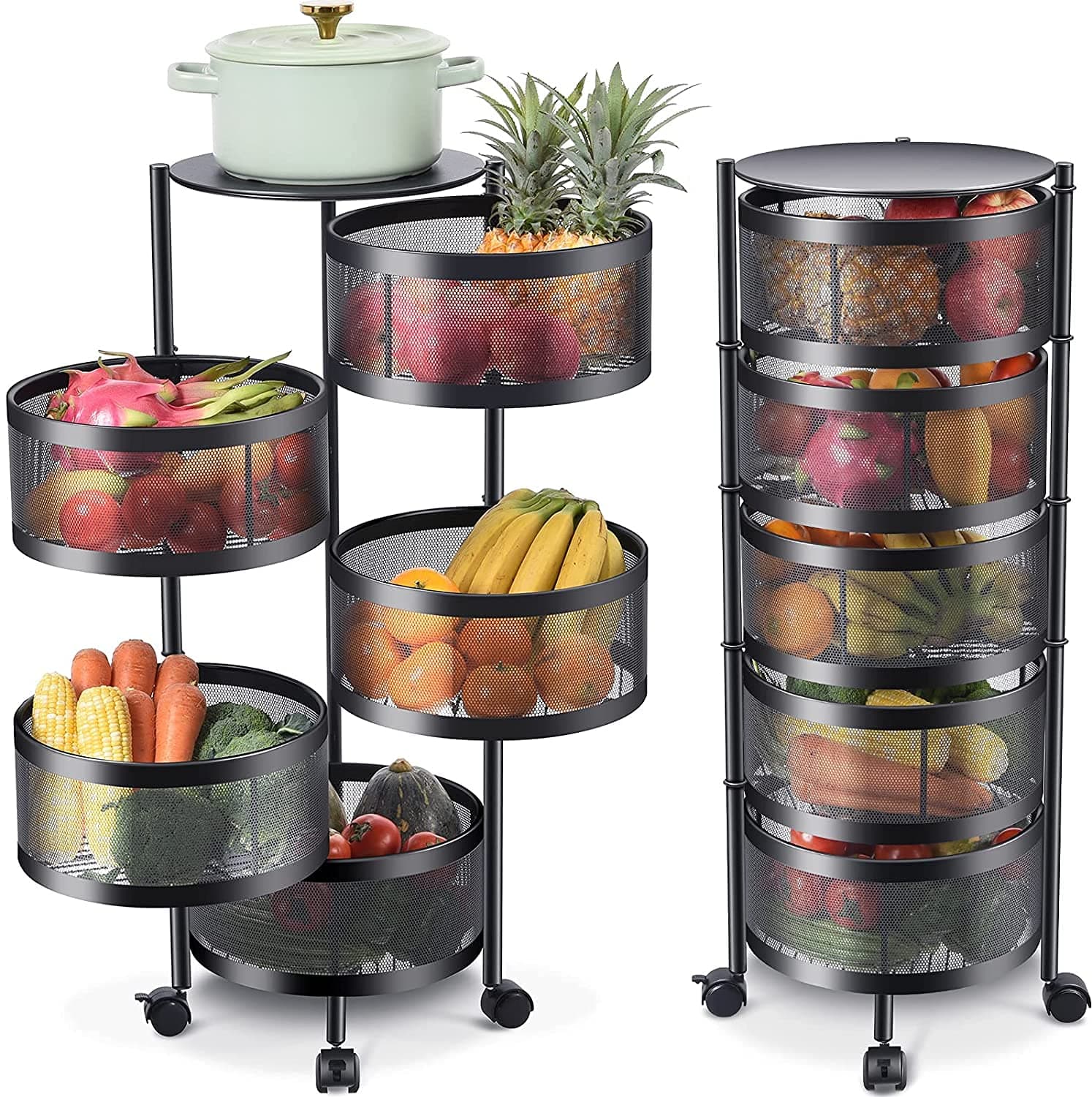 LIYING Multi-Layer Kitchen Storage Shelf, Round Steel Rotating with 4 Movable Wheels, Kitchen Storage for Fruit and Vegetable Floor-Standing(5F Black) on Amazon.ae - Price Tracker