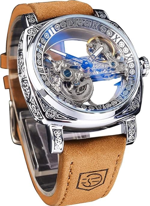 FORSINING Men's Luxury Square Carving Mechanical Watch, Retro Totem Double Sided Hollow Skeleton Self-Wind Automatic Watches, Vintage Leather Strap Wristwatch Reloj para Hombre على Amazon.ae - متتبع الأسعار