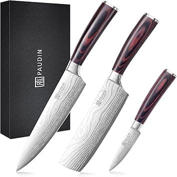 PAUDIN Professional Chef Knife Set, 3-Piece High Carbon Stainless Steel Kitchen Knives with Ultra Sharp Blade & Dark Brown Wooden Handle ，Ideal for Arabic Cuisine, Lamb & Beef Cutting on Amazon.ae - Price Tracker